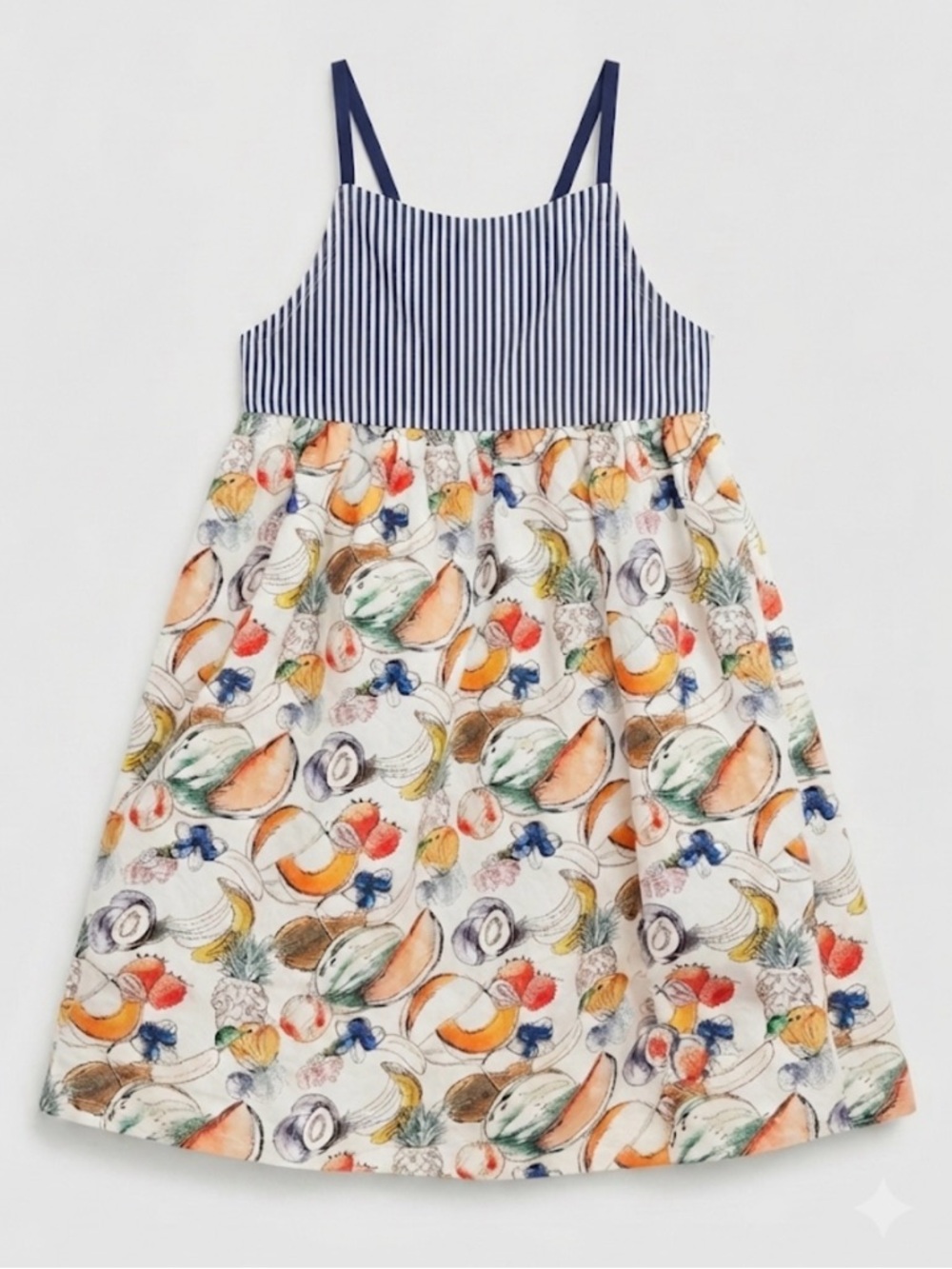 Girls Navy Stripe & Tropical Fruit Print Sundress